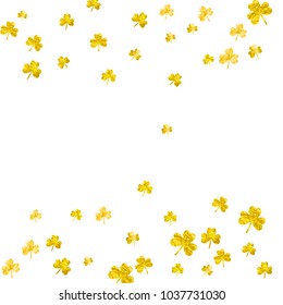 Clover background for Saint Patricks Day. Lucky trefoil confetti. Glitter frame of shamrock leaves. Template for voucher, special business ad, banner. Dublin clover background.