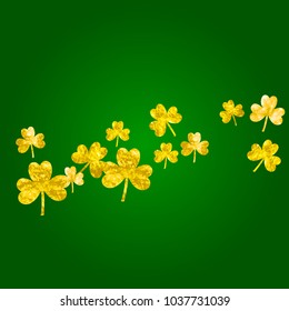 Clover background for Saint Patricks Day. Lucky trefoil confetti. Glitter frame of shamrock leaves. Template for voucher, special business ad, banner. Merry clover background.