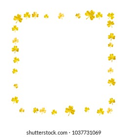 Clover background for Saint Patricks Day. Lucky trefoil confetti. Glitter frame of shamrock leaves. Template for poster, gift certificate, banner. Festive clover background.