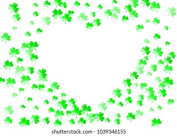 Clover background for Saint Patricks Day.  Lucky trefoil confetti. Glitter frame of shamrock leaves. Template for gift coupons, vouchers, ads, events. Merry clover background.