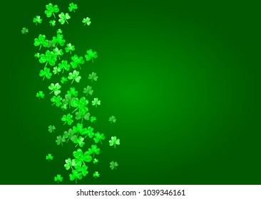 Clover background for Saint Patricks Day.  Lucky trefoil confetti. Glitter frame of shamrock leaves. Template for gift coupons, vouchers, ads, events. Happy clover background.