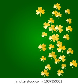 Clover background for Saint Patricks Day. Lucky trefoil confetti. Glitter frame of shamrock leaves. Template for special business offer, banner, flyer. Celtic clover background.