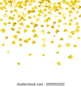 Clover background for Saint Patricks Day. Lucky trefoil confetti. Glitter frame of shamrock leaves. Template for poster, gift certificate, banner. Holiday clover background.