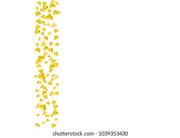Clover background for Saint Patricks Day.  Lucky trefoil confetti. Glitter frame of shamrock leaves. Template for special business offer, banner, flyer. Festive clover background.