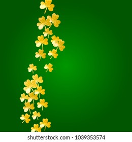 Clover background for Saint Patricks Day. Lucky trefoil confetti. Glitter frame of shamrock leaves. Template for poster, gift certificate, banner. Holiday clover background.