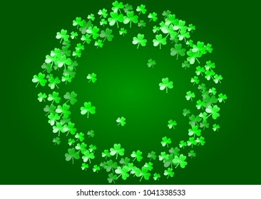 Clover background for Saint Patricks Day.  Lucky trefoil confetti. Glitter frame of shamrock leaves. Template for flyer, special business offer, promo. Greeting clover background.