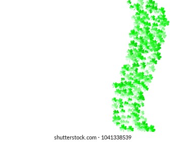 Clover background for Saint Patricks Day.  Lucky trefoil confetti. Glitter frame of shamrock leaves. Template for gift coupons, vouchers, ads, events. Festive clover background.