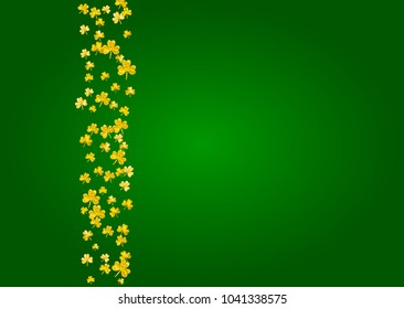 Clover background for Saint Patricks Day.  Lucky trefoil confetti. Glitter frame of shamrock leaves. Template for poster, gift certificate, banner. Decorative clover background.