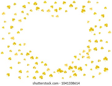 Clover background for Saint Patricks Day.  Lucky trefoil confetti. Glitter frame of shamrock leaves. Template for party invite, retail offer and ad. Festal clover background.