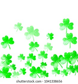 Clover background for Saint Patricks Day. Lucky trefoil confetti. Glitter frame of shamrock leaves. Template for party invite, retail offer and ad. Happy clover background.