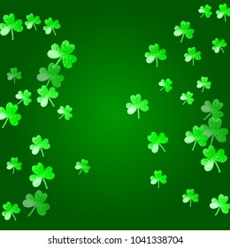 Clover background for Saint Patricks Day. Lucky trefoil confetti. Glitter frame of shamrock leaves. Template for special business offer, banner, flyer. Merry clover background.