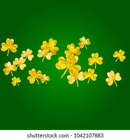 Clover background for Saint Patricks Day. Lucky trefoil confetti. Glitter frame of shamrock leaves. Template for voucher, special business ad, banner. Merry clover background.