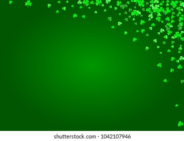 Clover background for Saint Patricks Day.  Lucky trefoil confetti. Glitter frame of shamrock leaves. Template for voucher, special business ad, banner. Irish clover background.
