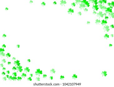 Clover background for Saint Patricks Day.  Lucky trefoil confetti. Glitter frame of shamrock leaves. Template for flyer, special business offer, promo. Holiday clover background.