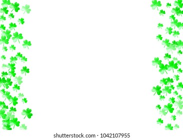 Clover background for Saint Patricks Day.  Lucky trefoil confetti. Glitter frame of shamrock leaves. Template for gift coupons, vouchers, ads, events. Festal clover background.
