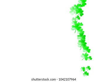 Clover background for Saint Patricks Day.  Lucky trefoil confetti. Glitter frame of shamrock leaves. Template for special business offer, banner, flyer. Decorative clover background.