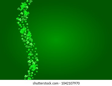 Clover background for Saint Patricks Day.  Lucky trefoil confetti. Glitter frame of shamrock leaves. Template for flyer, special business offer, promo. Dublin clover background.