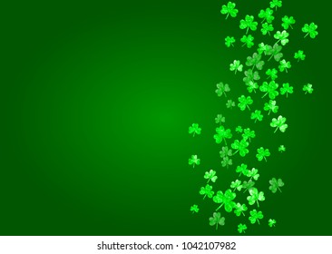 Clover background for Saint Patricks Day.  Lucky trefoil confetti. Glitter frame of shamrock leaves. Template for voucher, special business ad, banner. Festal clover background.