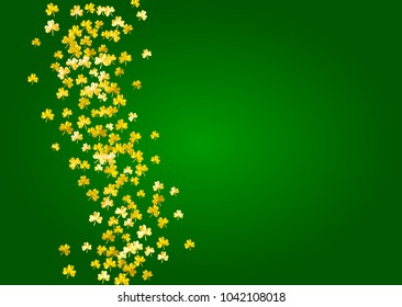 Clover background for Saint Patricks Day.  Lucky trefoil confetti. Glitter frame of shamrock leaves. Template for gift coupons, vouchers, ads, events. Holiday clover background.
