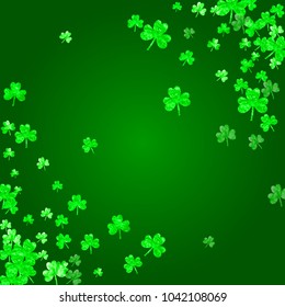 Clover background for Saint Patricks Day. Lucky trefoil confetti. Glitter frame of shamrock leaves. Template for party invite, retail offer and ad. Dublin clover background.