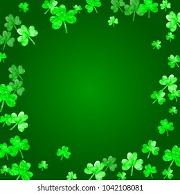 Clover background for Saint Patricks Day. Lucky trefoil confetti. Glitter frame of shamrock leaves. Template for voucher, special business ad, banner. Merry clover background.