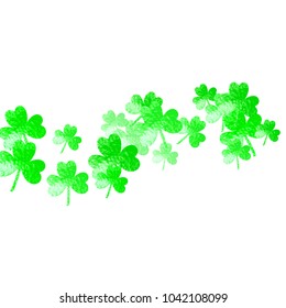 Clover background for Saint Patricks Day. Lucky trefoil confetti. Glitter frame of shamrock leaves. Template for poster, gift certificate, banner. Festive clover background.