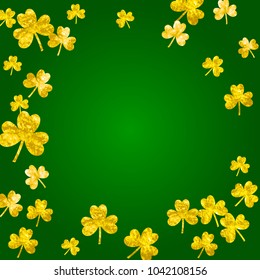 Clover background for Saint Patricks Day. Lucky trefoil confetti. Glitter frame of shamrock leaves. Template for special business offer, banner, flyer. Happy clover background.