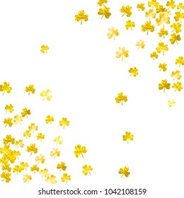 Clover background for Saint Patricks Day. Lucky trefoil confetti. Glitter frame of shamrock leaves. Template for party invite, retail offer and ad. Festive clover background.