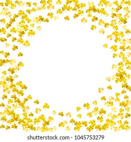 Clover background for Saint Patricks Day. Lucky trefoil confetti. Glitter frame of shamrock leaves. Template for poster, gift certificate, banner. Celtic clover background.