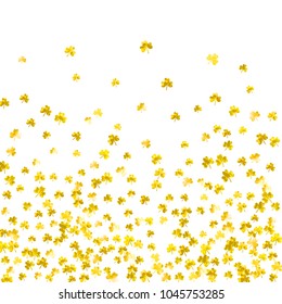 Clover background for Saint Patricks Day. Lucky trefoil confetti. Glitter frame of shamrock leaves. Template for gift coupons, vouchers, ads, events. Festal clover background.