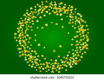 Clover background for Saint Patricks Day.  Lucky trefoil confetti. Glitter frame of shamrock leaves. Template for voucher, special business ad, banner. Holiday clover background.