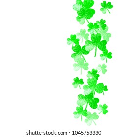 Clover background for Saint Patricks Day. Lucky trefoil confetti. Glitter frame of shamrock leaves. Template for special business offer, banner, flyer. Irish clover background.