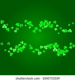 Clover background for Saint Patricks Day. Lucky trefoil confetti. Glitter frame of shamrock leaves. Template for gift coupons, vouchers, ads, events. Merry clover background.