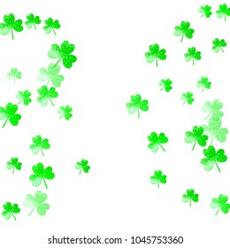 Clover background for Saint Patricks Day. Lucky trefoil confetti. Glitter frame of shamrock leaves. Template for flyer, special business offer, promo. Decorative clover background.