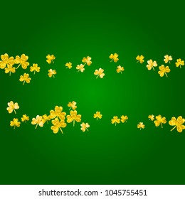 Clover background for Saint Patricks Day. Lucky trefoil confetti. Glitter frame of shamrock leaves. Template for voucher, special business ad, banner. Decorative clover background.