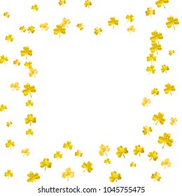 Clover background for Saint Patricks Day. Lucky trefoil confetti. Glitter frame of shamrock leaves. Template for voucher, special business ad, banner. Greeting clover background.