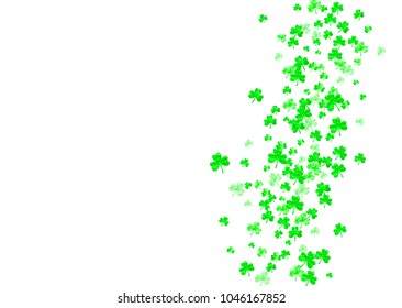 Clover background for Saint Patricks Day.  Lucky trefoil confetti. Glitter frame of shamrock leaves. Template for poster, gift certificate, banner. Festal clover background.