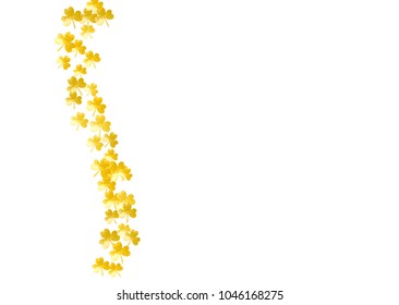 Clover background for Saint Patricks Day.  Lucky trefoil confetti. Glitter frame of shamrock leaves. Template for party invite, retail offer and ad. Dublin clover background.