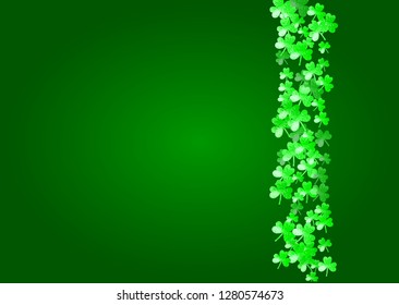 Clover background for Saint Patricks Day.  Lucky trefoil confetti. Glitter frame of shamrock leaves. Template for flyer, special business offer, promo. Merry clover background.
