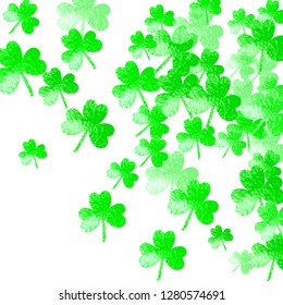 Clover background for Saint Patricks Day. Lucky trefoil confetti. Glitter frame of shamrock leaves. Template for flyer, special business offer, promo. Festal clover background.