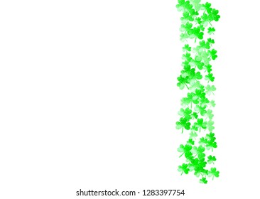 Clover background for Saint Patricks Day.  Lucky trefoil confetti. Glitter frame of shamrock leaves. Template for flyer, special business offer, promo. Greeting clover background.