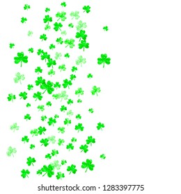 Clover background for Saint Patricks Day. Lucky trefoil confetti. Glitter frame of shamrock leaves. Template for party invite, retail offer and ad. Merry clover background.
