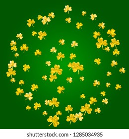 Clover background for Saint Patricks Day. Lucky trefoil confetti. Glitter frame of shamrock leaves. Template for gift coupons, vouchers, ads, events. Festal clover background.