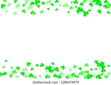 Clover background for Saint Patricks Day.  Lucky trefoil confetti. Glitter frame of shamrock leaves. Template for party invite, retail offer and ad. Festal clover background.