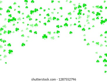 Clover background for Saint Patricks Day.  Lucky trefoil confetti. Glitter frame of shamrock leaves. Template for voucher, special business ad, banner. Happy clover background.