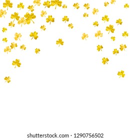 Clover background for Saint Patricks Day. Lucky trefoil confetti. Glitter frame of shamrock leaves. Template for poster, gift certificate, banner. Greeting clover background.