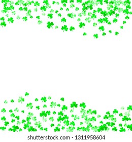 Clover background for Saint Patricks Day. Lucky trefoil confetti. Glitter frame of shamrock leaves. Template for party invite, retail offer and ad. Greeting clover background.