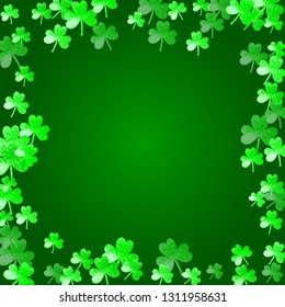 Clover background for Saint Patricks Day. Lucky trefoil confetti. Glitter frame of shamrock leaves. Template for voucher, special business ad, banner. Holiday clover background.