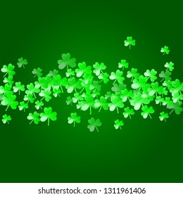 Clover background for Saint Patricks Day. Lucky trefoil confetti. Glitter frame of shamrock leaves. Template for flyer, special business offer, promo. Happy clover background.