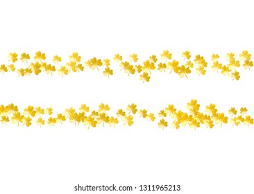 Clover background for Saint Patricks Day.  Lucky trefoil confetti. Glitter frame of shamrock leaves. Template for gift coupons, vouchers, ads, events. Irish clover background.